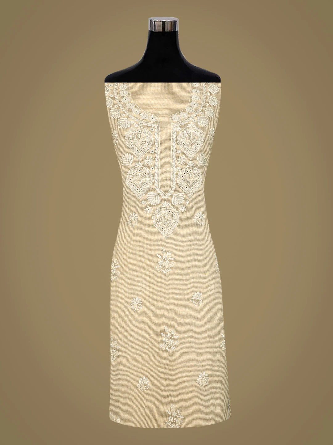 Ada Hand Embroidered Fawn Tissue Lucknowi Chikankari Unstitched Kurta Dupatta Set With Cutdana Work 01A825269