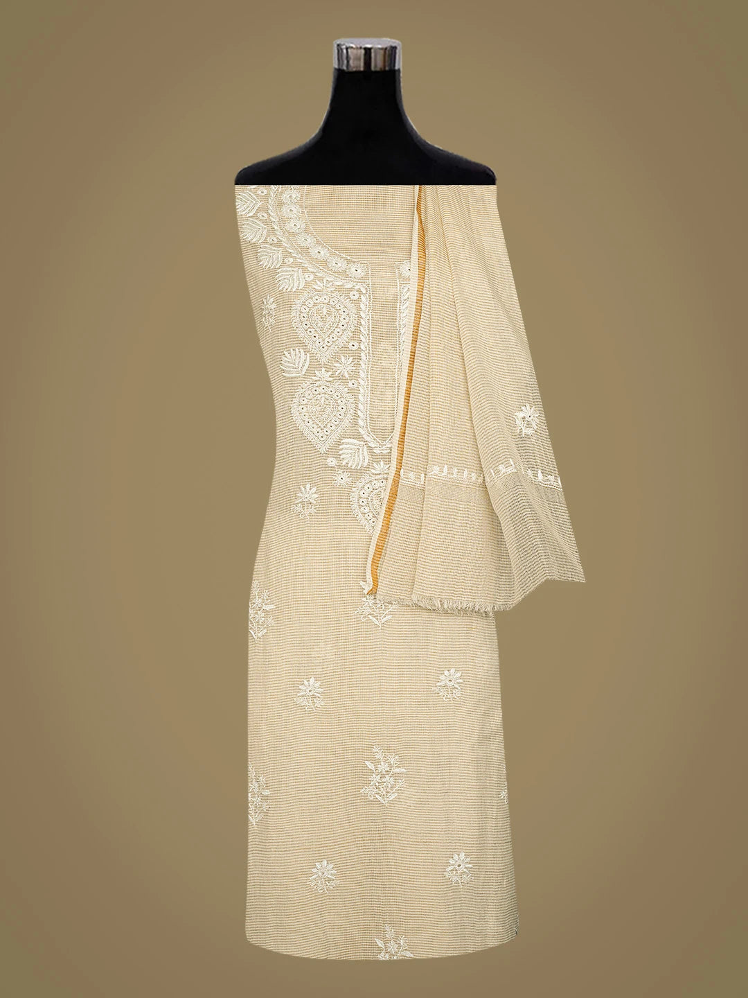 Ada Hand Embroidered Fawn Tissue Lucknowi Chikankari Unstitched Kurta Dupatta Set With Cutdana Work 01A825269