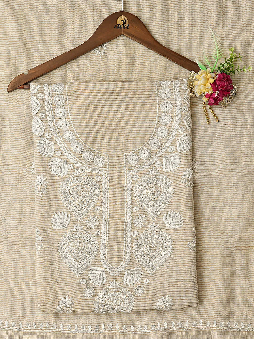 Ada Hand Embroidered Fawn Tissue Lucknowi Chikankari Unstitched Kurta Dupatta Set With Cutdana Work 01A825269