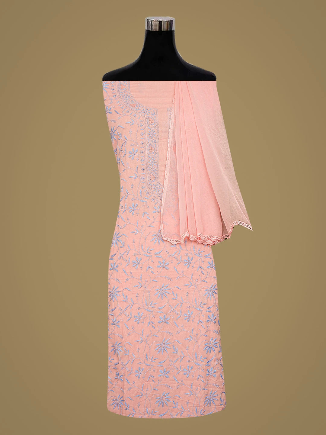 Ada Hand Embroidered Peach Cotton Lucknowi Chikankari Unstitched Suit Piece 01A727713