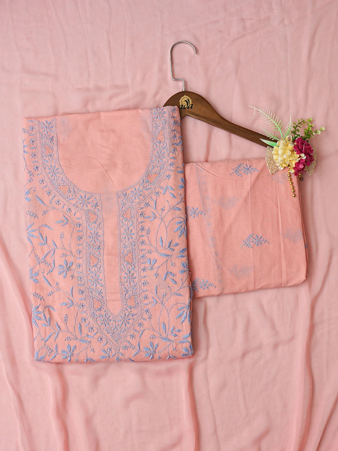 Ada Hand Embroidered Peach Cotton Lucknowi Chikankari Unstitched Suit Piece 01A727713
