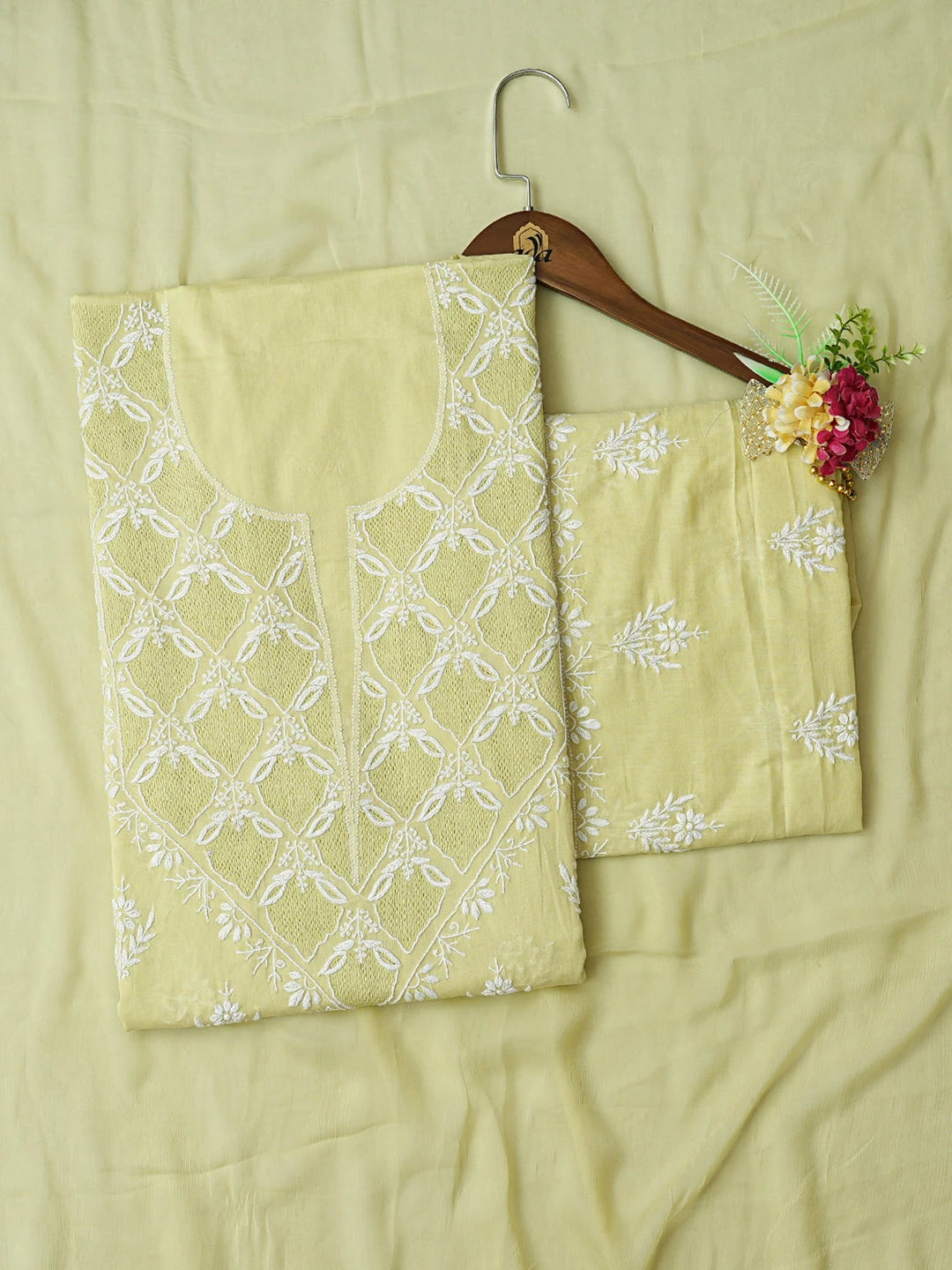 Ada Hand Embroidered Lime Green Cotton Lucknowi Chikankari Unstitched Suit Piece 01A811234