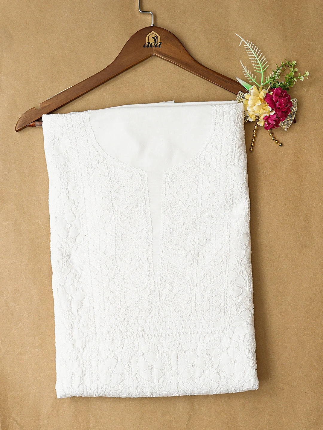 Ada Hand Embroidered White Cotton Lucknowi Chikankari Unstitched Kurta Piece 01A773061