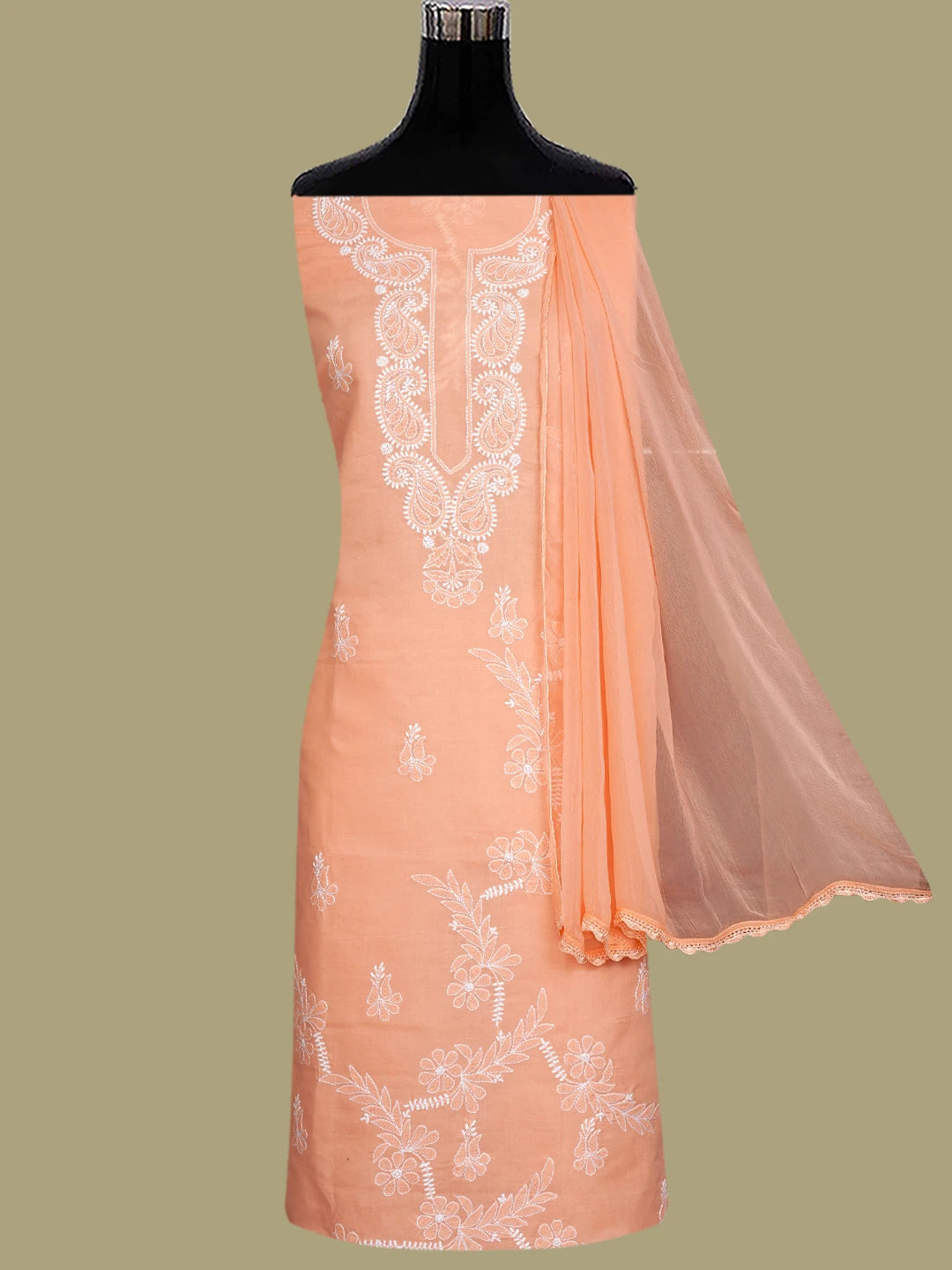 Ada Hand Embroidered Peach Cotton Lucknowi Chikankari Unstitched Suit Piece 01A847441