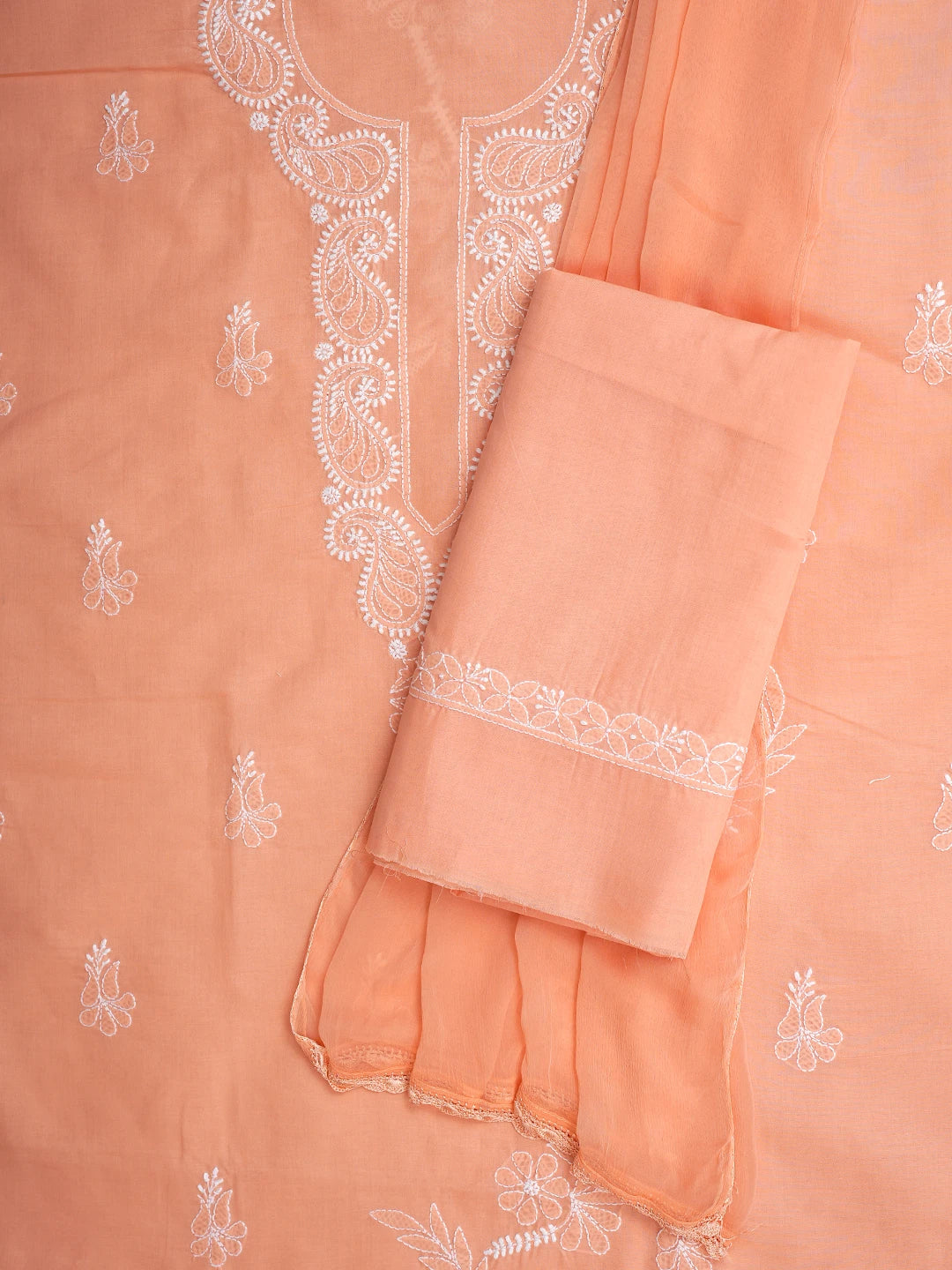Ada Hand Embroidered Peach Cotton Lucknowi Chikankari Unstitched Suit Piece 01A847441