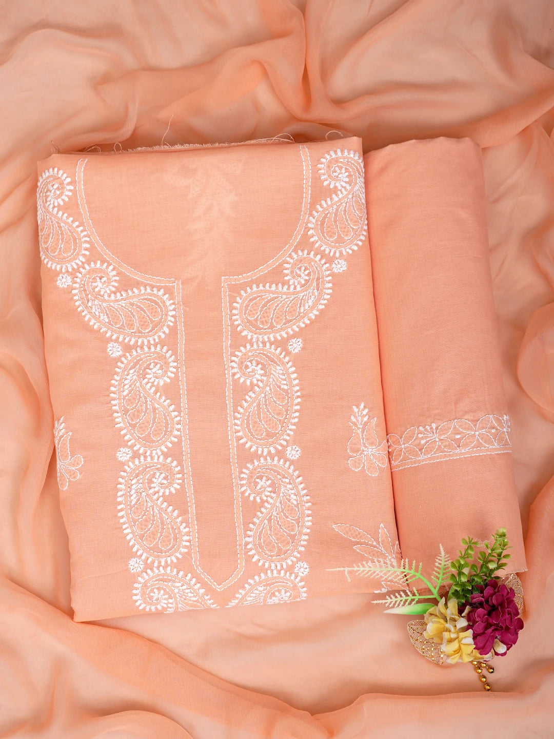 Ada Hand Embroidered Peach Cotton Lucknowi Chikankari Unstitched Suit Piece 01A847441