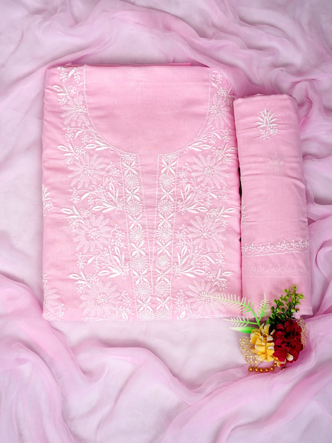 Ada Hand Embroidered Pink Cotton Lucknowi Chikankari Unstitched Suit Piece 01A773532