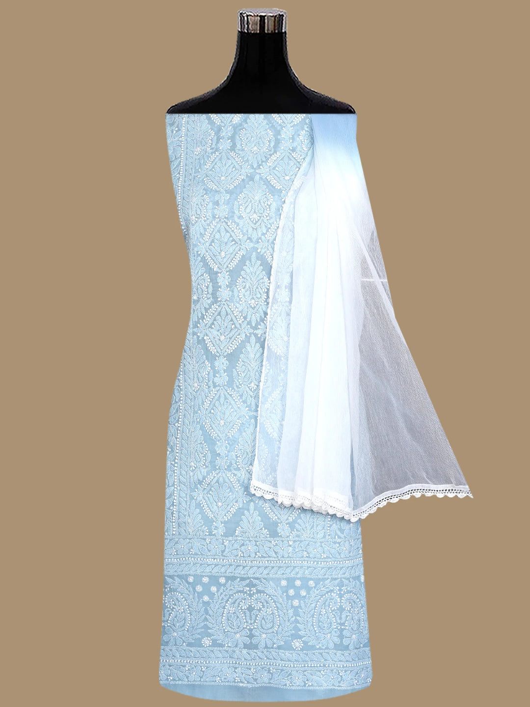 Ada Hand Embroidered Sky Blue Cotton Lucknowi Chikankari Unstitched Suit Piece 01A847539