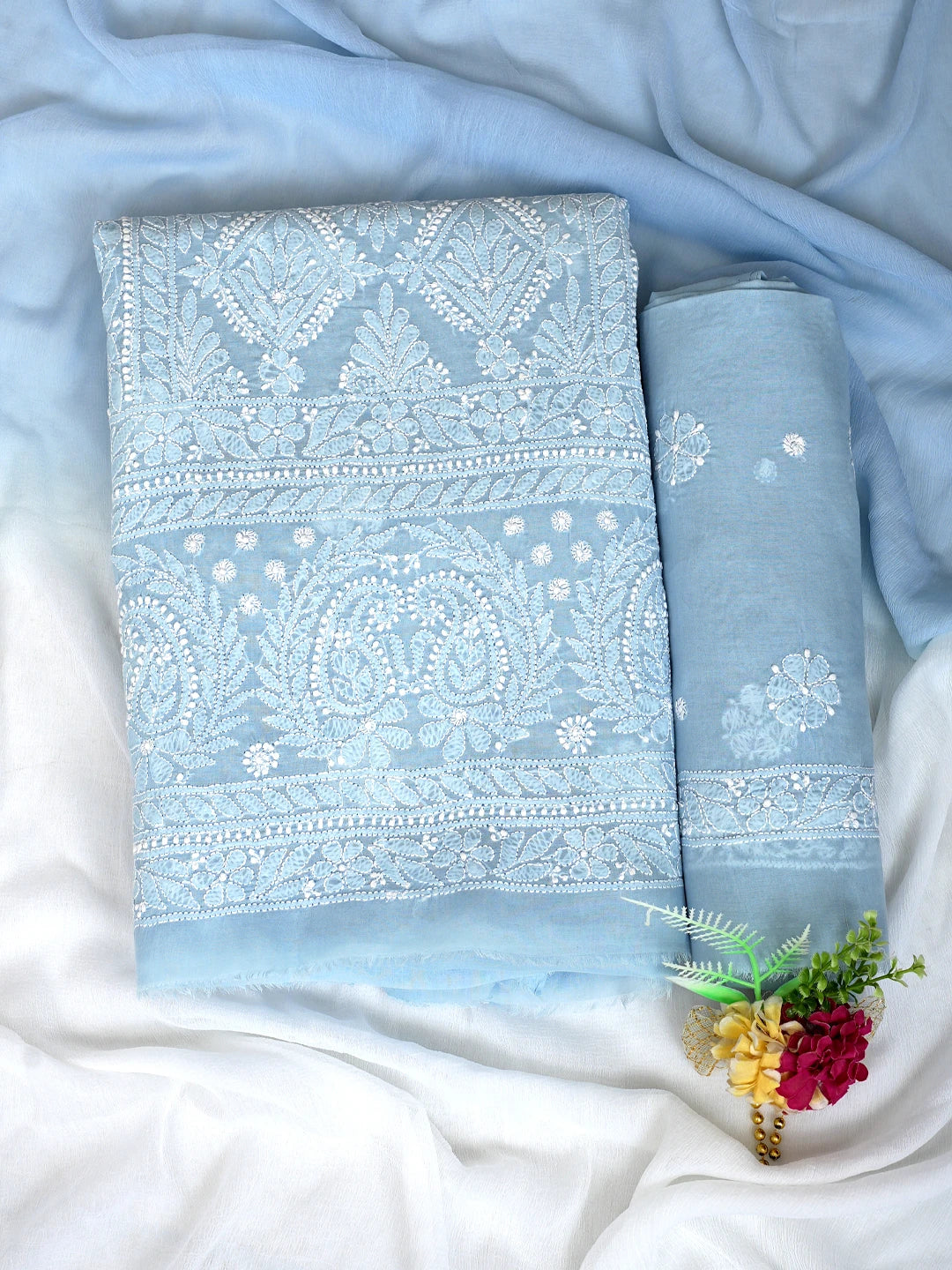Ada Hand Embroidered Sky Blue Cotton Lucknowi Chikankari Unstitched Suit Piece 01A847539