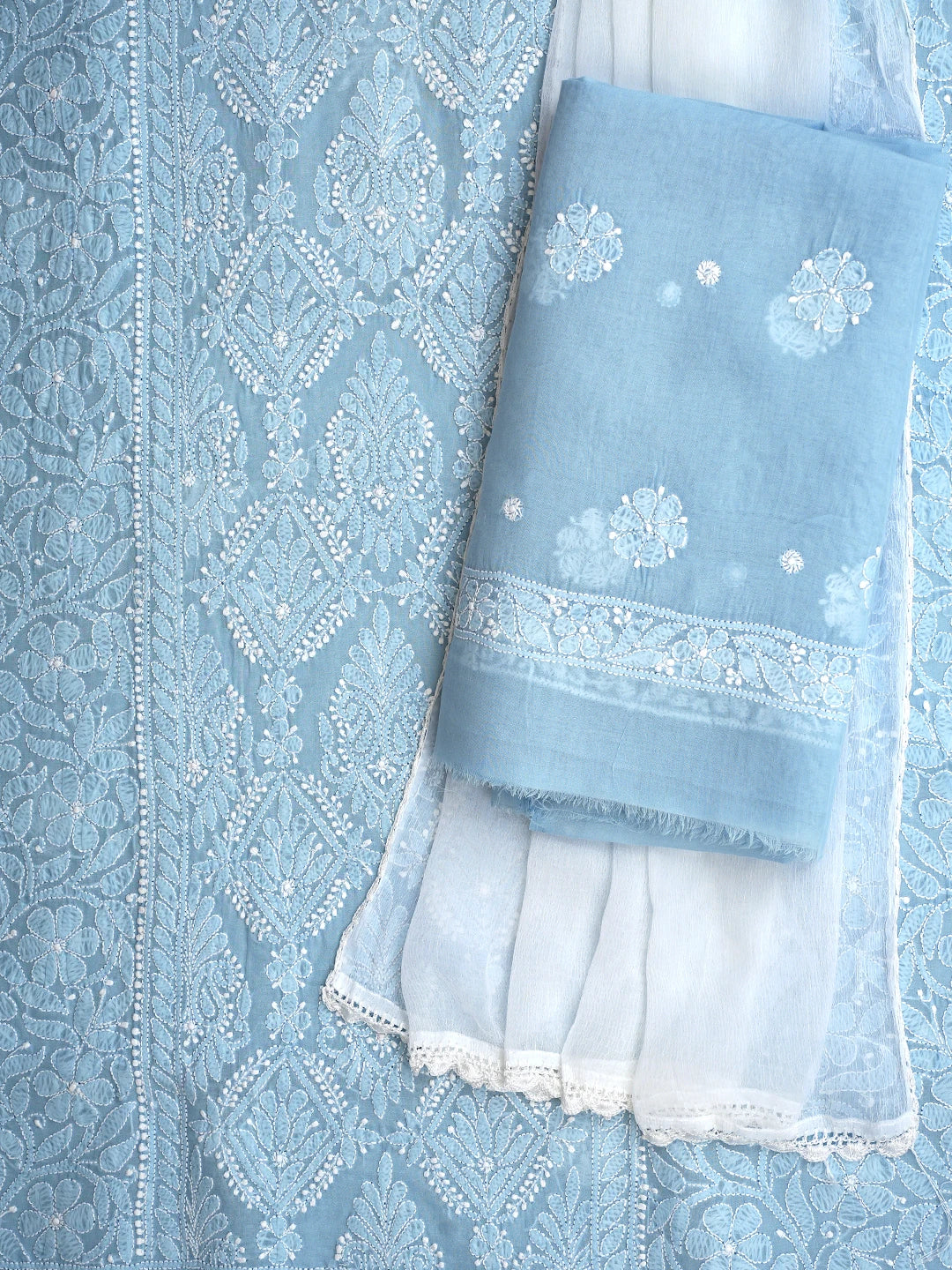 Ada Hand Embroidered Sky Blue Cotton Lucknowi Chikankari Unstitched Suit Piece 01A847539