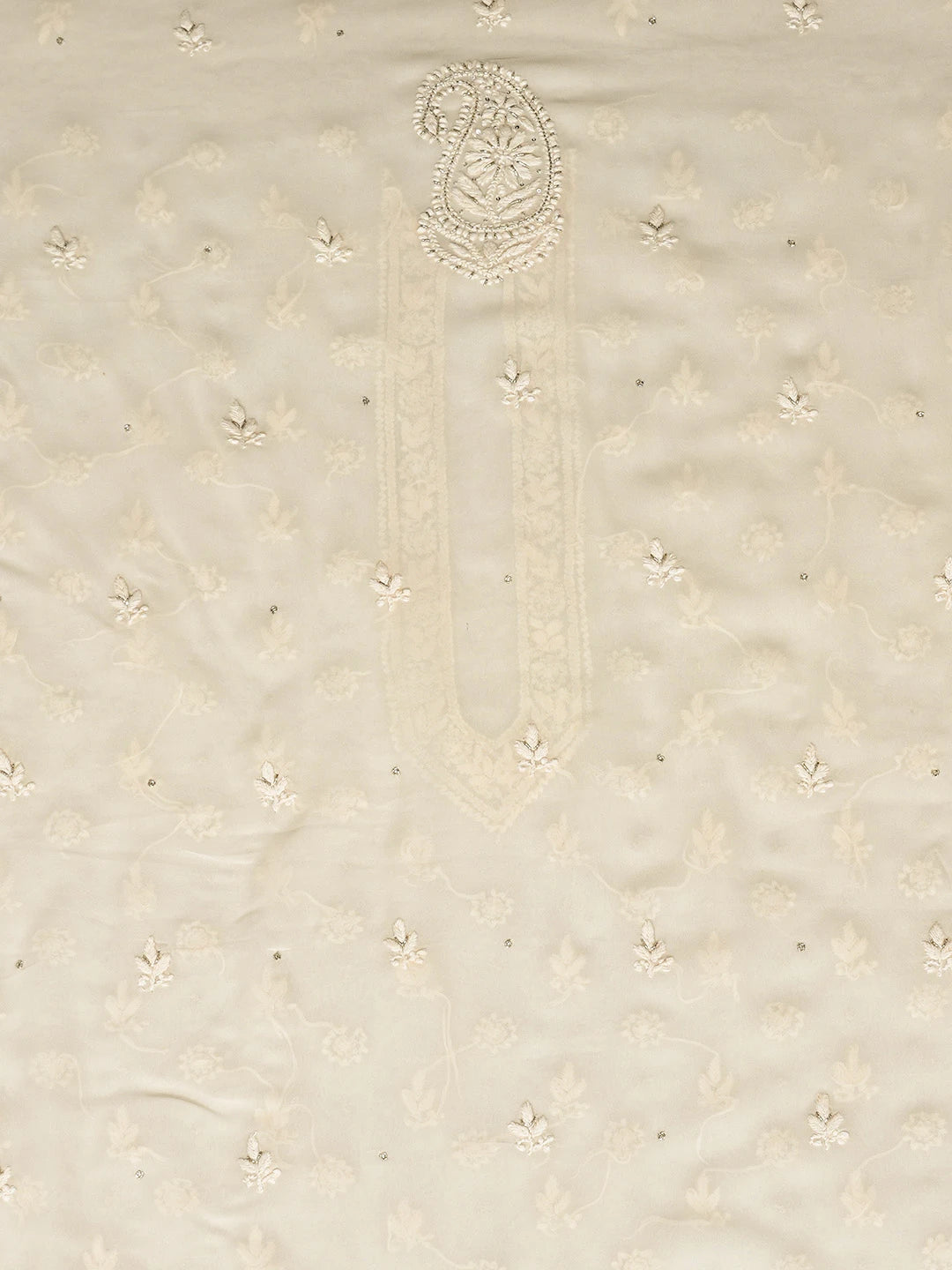 Ada Hand Embroidered Cream Viscose Georgette Lucknowi Chikankari Unstitched Men's Kurta Piece With Cutdana Work 01A740034