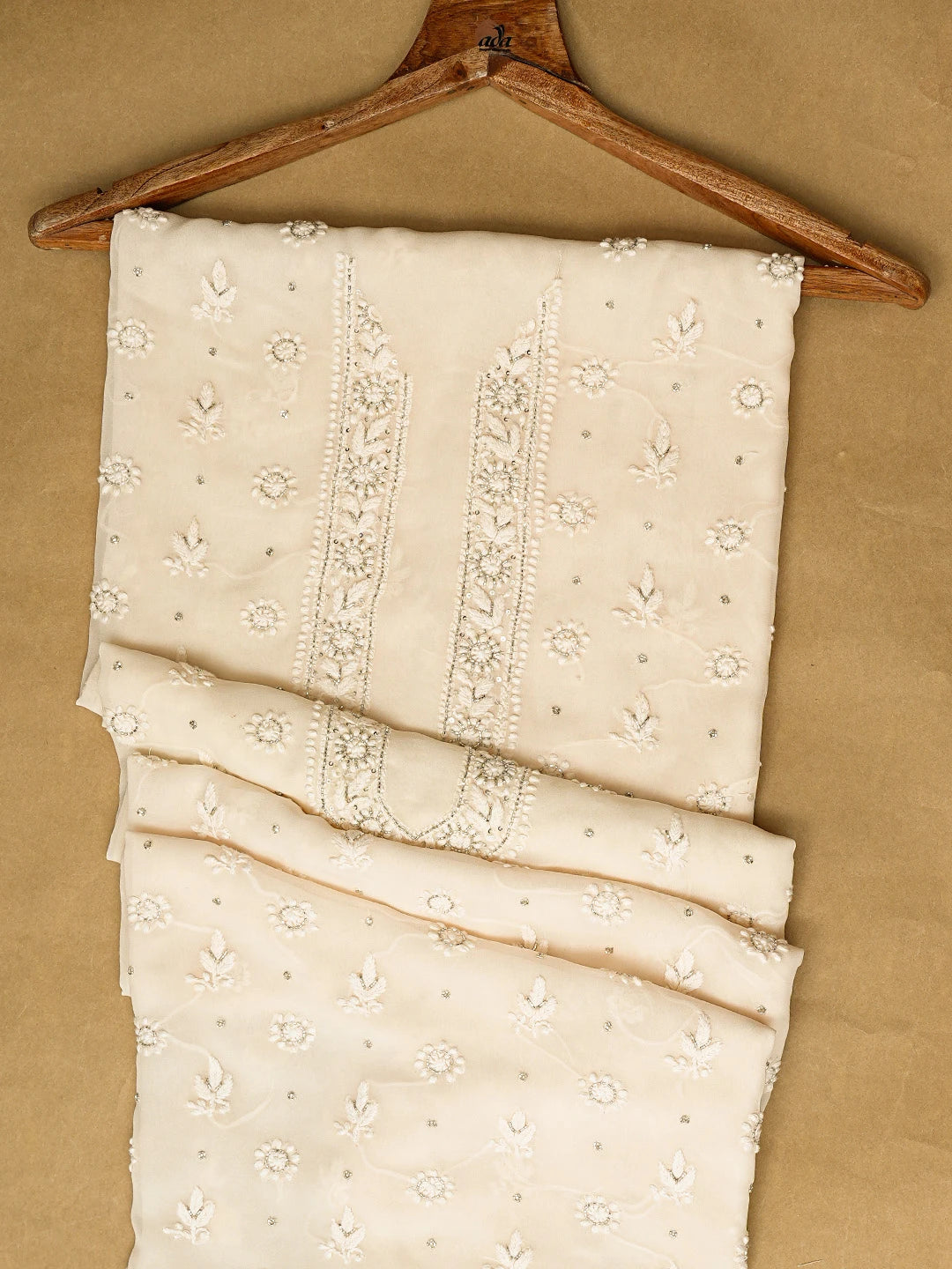 Ada Hand Embroidered Cream Viscose Georgette Lucknowi Chikankari Unstitched Men's Kurta Piece With Cutdana Work 01A740034
