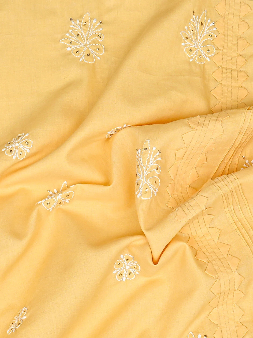 Ada Hand Embroidered Yellow Cotton Lucknowi Chikankari Unstitched Men's Kurta Piece With Mukaish Work 01A777969