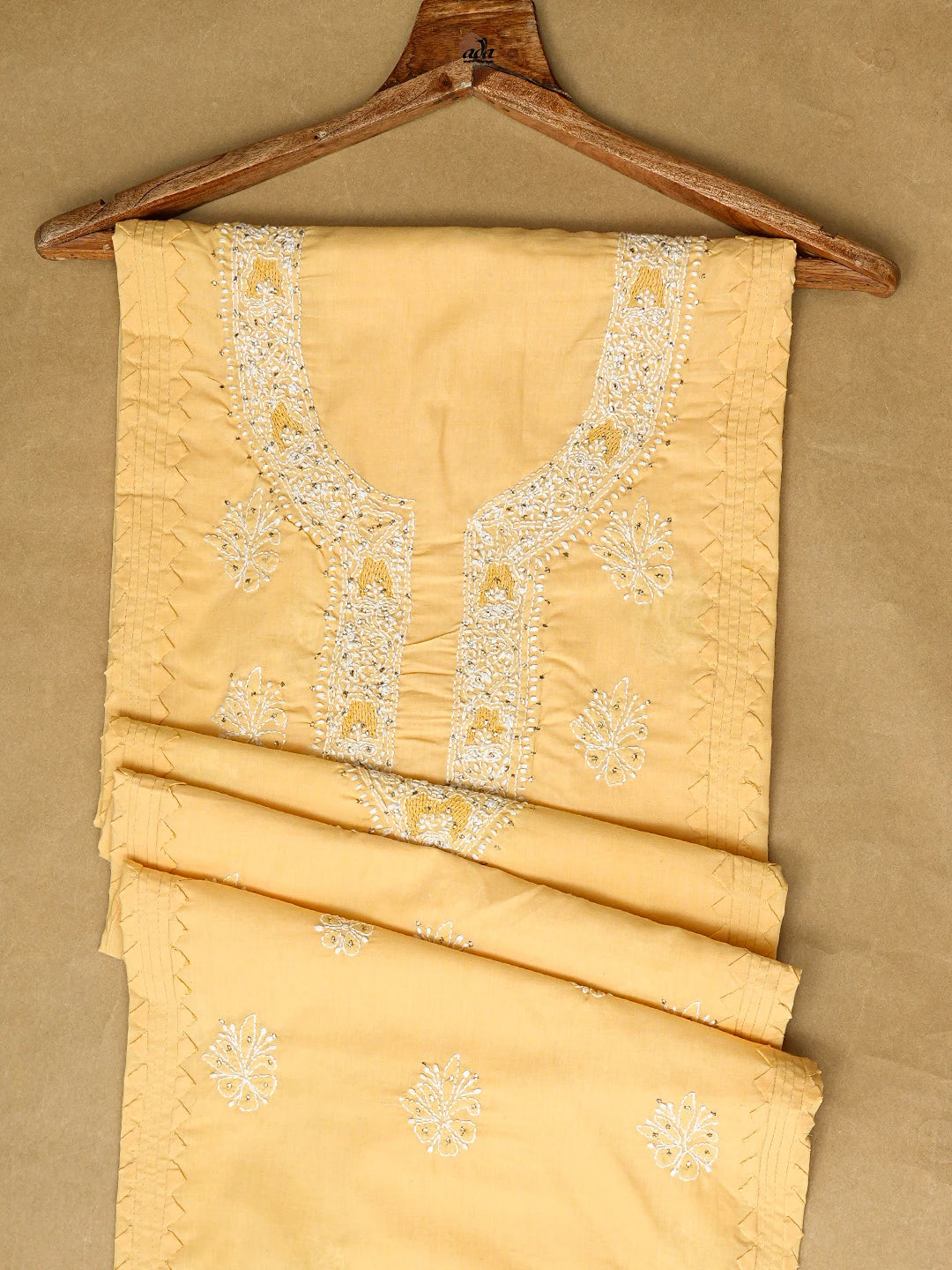 Ada Hand Embroidered Yellow Cotton Lucknowi Chikankari Unstitched Men's Kurta Piece With Mukaish Work 01A777969
