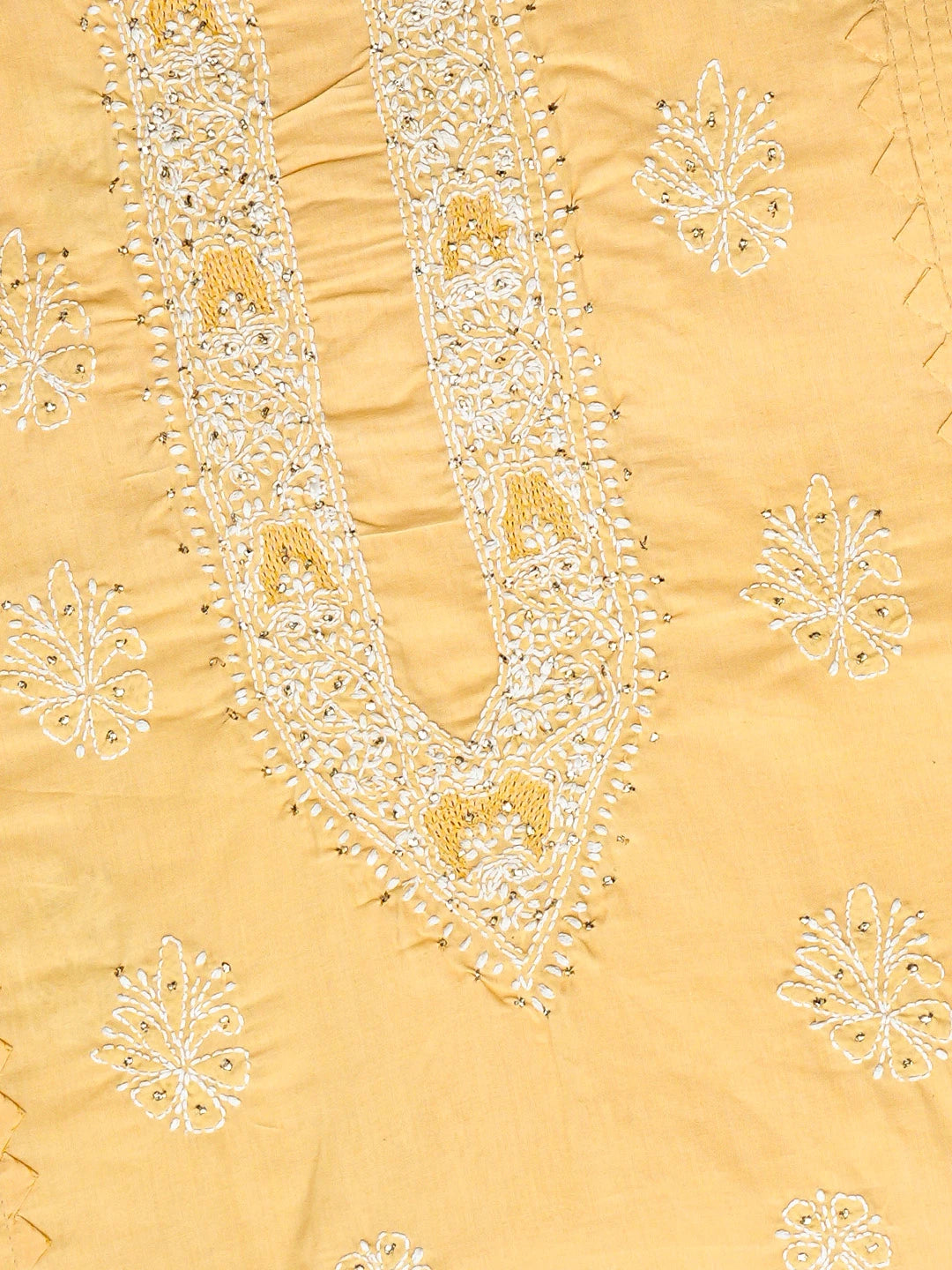Ada Hand Embroidered Yellow Cotton Lucknowi Chikankari Unstitched Men's Kurta Piece With Mukaish Work 01A777969