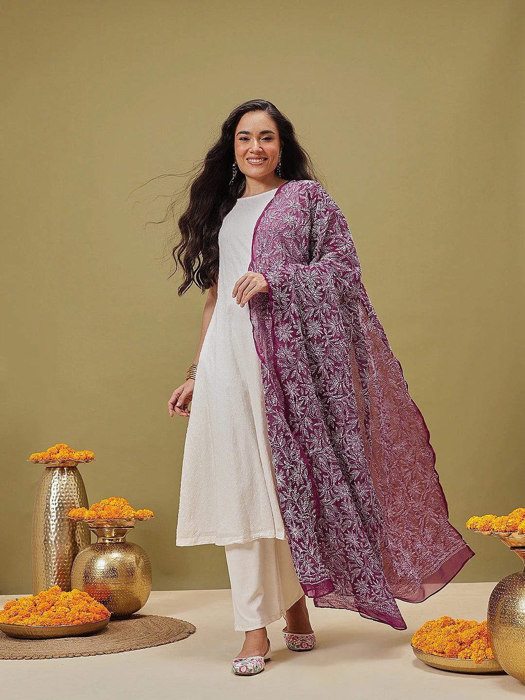 Ada Hand Embroidered Wine Georgette Lucknowi Chikankari Dupatta A511228
