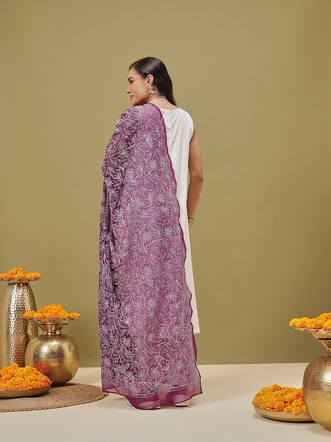 Ada Hand Embroidered Wine Georgette Lucknowi Chikankari Dupatta A511228