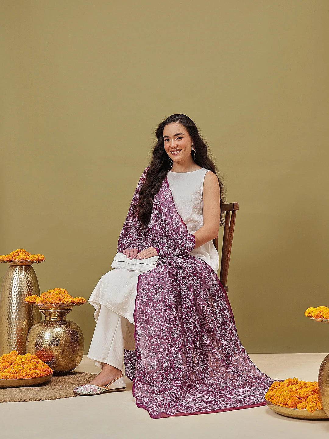 Ada Hand Embroidered Wine Georgette Lucknowi Chikankari Dupatta A511228