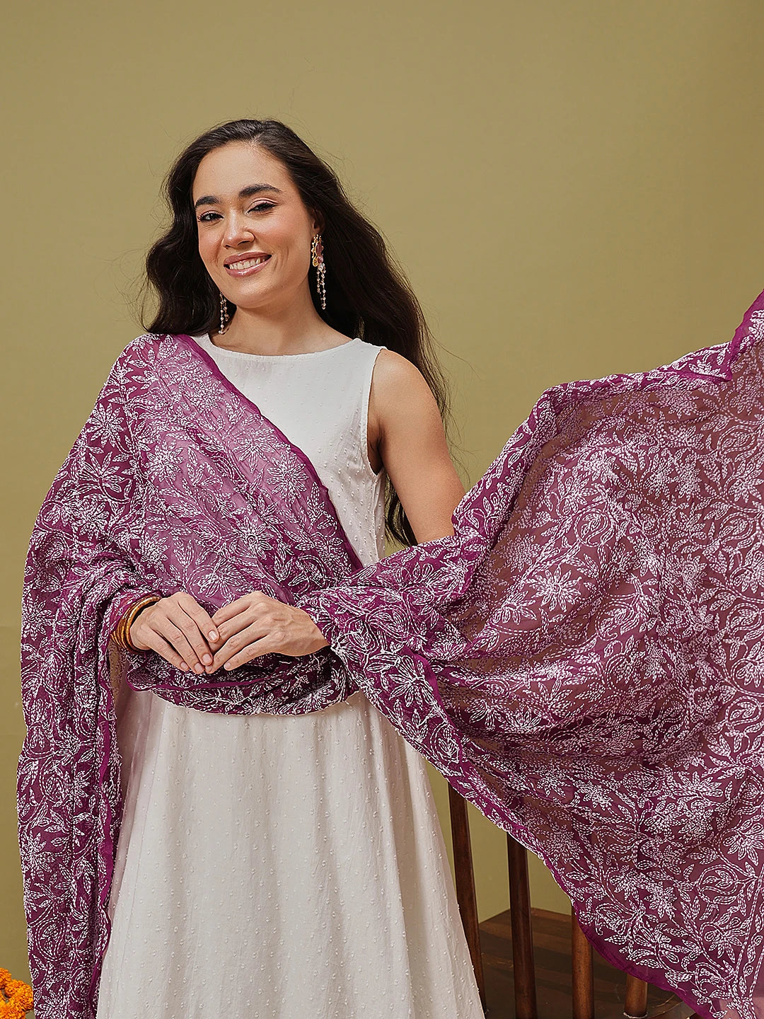 Ada Hand Embroidered Wine Georgette Lucknowi Chikankari Dupatta A511228