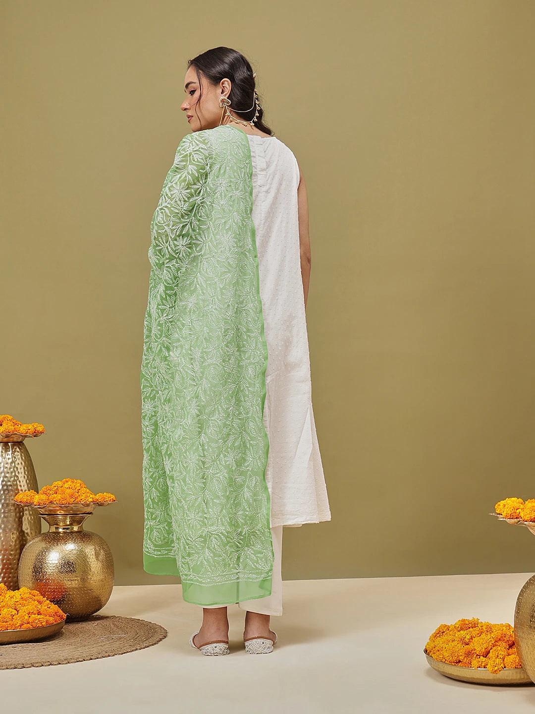 Ada Hand Embroidered Green Georgette Lucknowi Chikankari Dupatta A511231