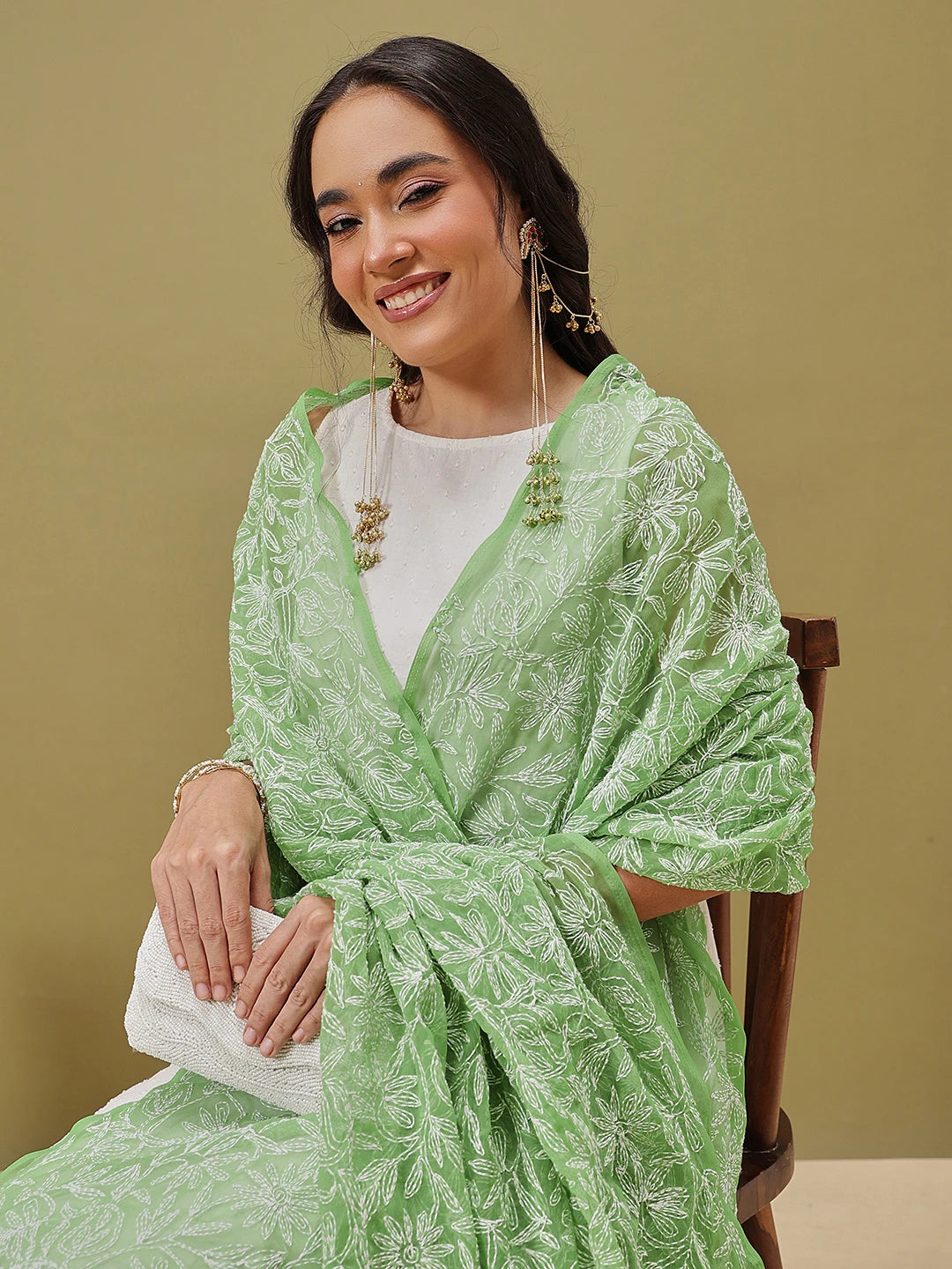 Ada Hand Embroidered Green Georgette Lucknowi Chikankari Dupatta A511231
