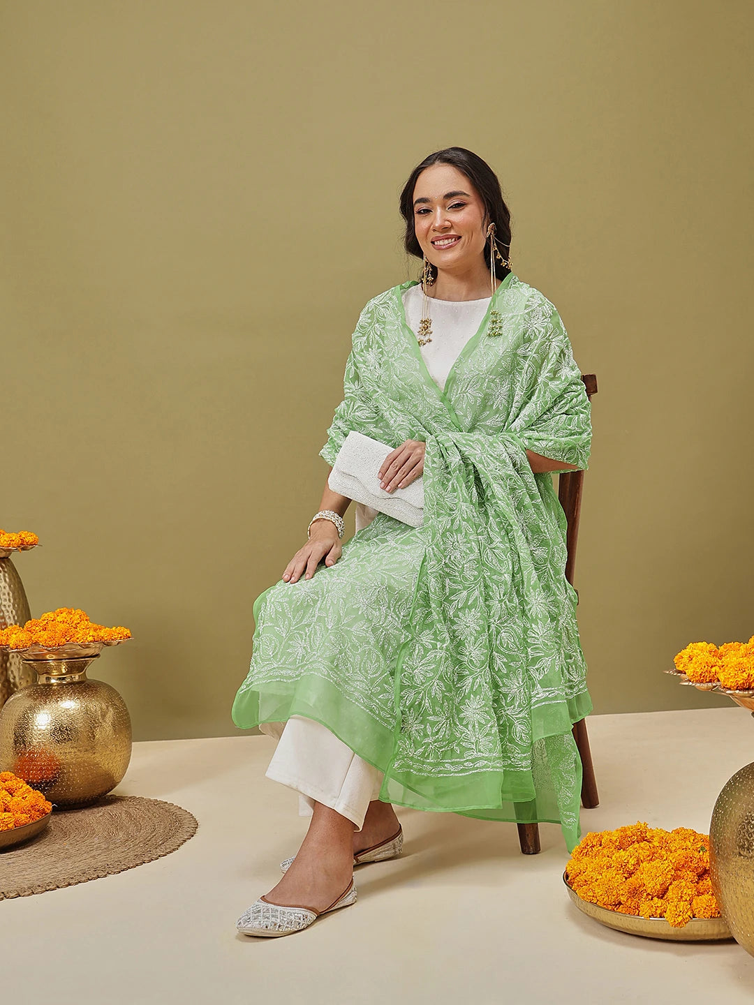 Ada Hand Embroidered Green Georgette Lucknowi Chikankari Dupatta A511231
