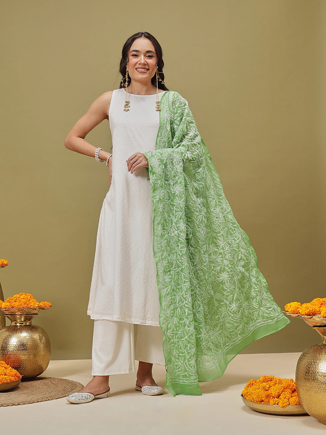 Ada Hand Embroidered Green Georgette Lucknowi Chikankari Dupatta A511231