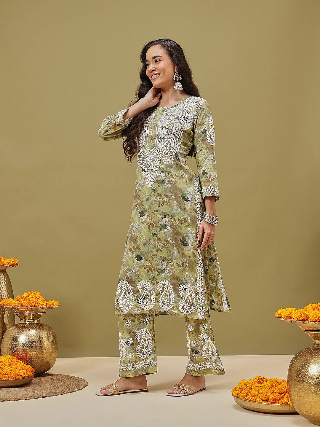 Ada Hand Embroidered Floral Printed Green Cotton Lucknowi Chikankari Co-Ord Set A811350