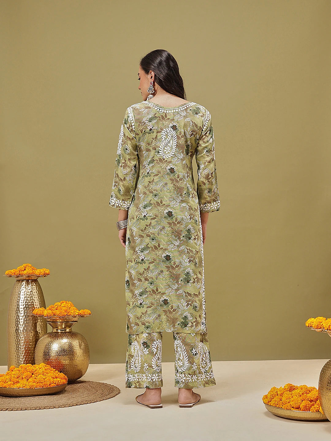 Ada Hand Embroidered Floral Printed Green Cotton Lucknowi Chikankari Co-Ord Set A811350
