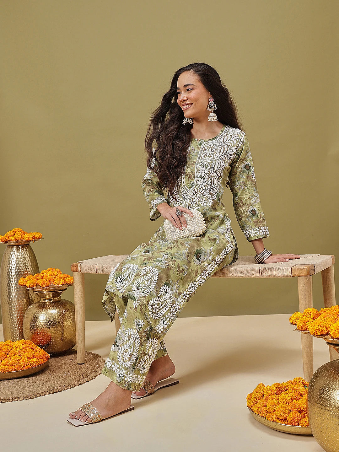 Ada Hand Embroidered Floral Printed Green Cotton Lucknowi Chikankari Co-Ord Set A811350