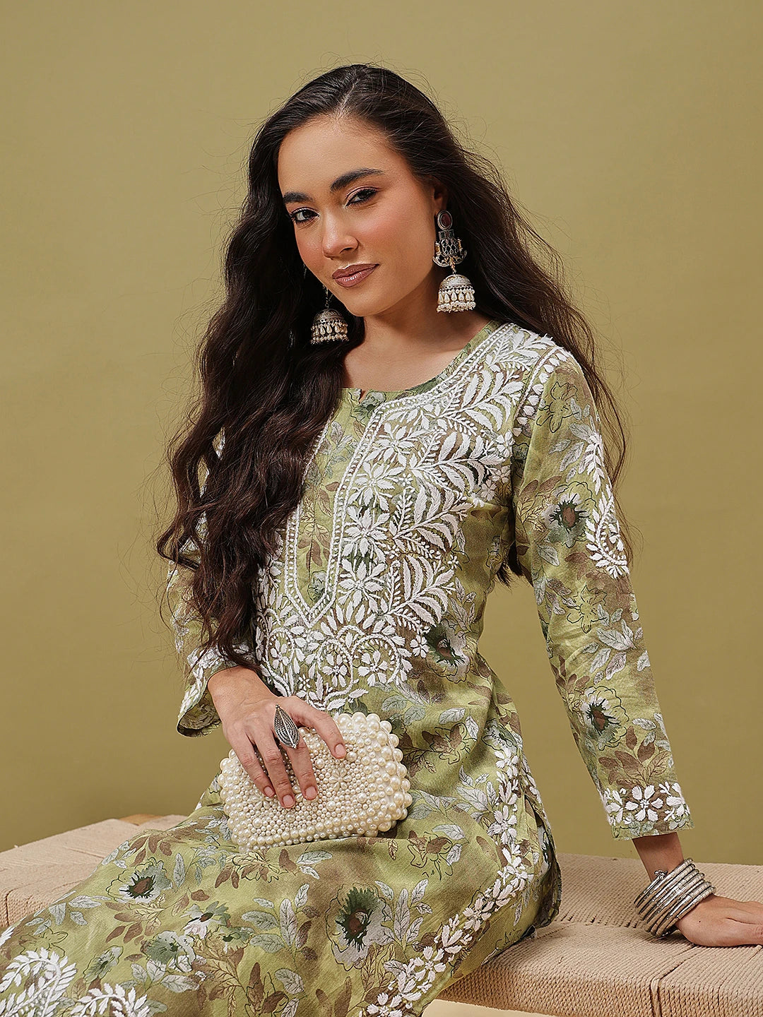 Ada Hand Embroidered Floral Printed Green Cotton Lucknowi Chikankari Co-Ord Set A811350