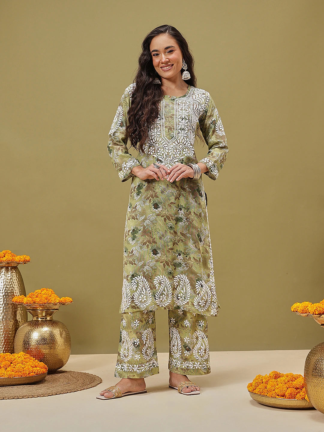 Ada Hand Embroidered Floral Printed Green Cotton Lucknowi Chikankari Co-Ord Set A811350
