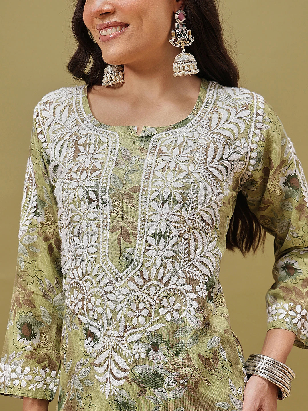 Ada Hand Embroidered Floral Printed Green Cotton Lucknowi Chikankari Co-Ord Set A811350