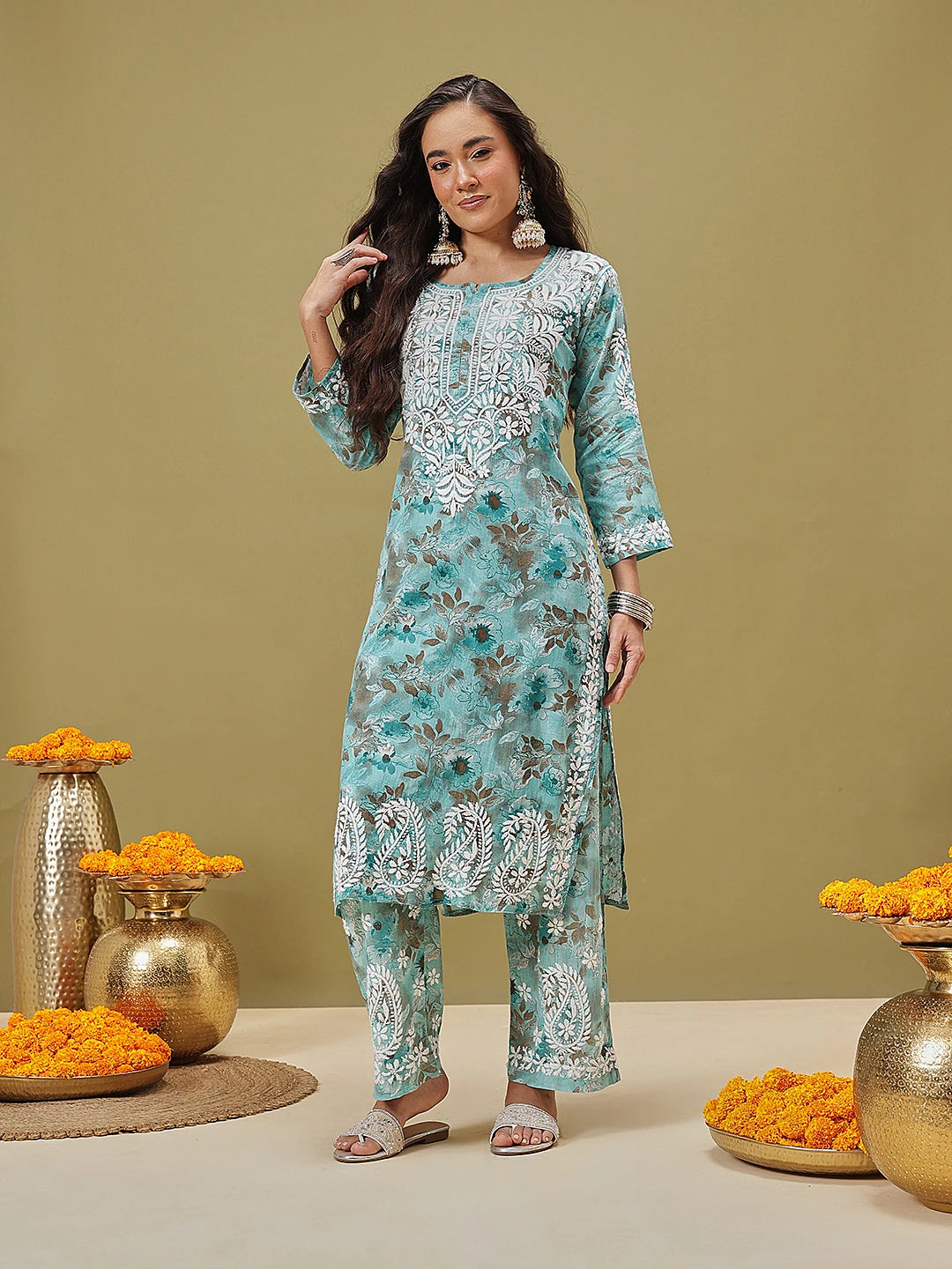 Ada Hand Embroidered Floral Printed Blue Cotton Lucknowi Chikankari Co-Ord Set A811348