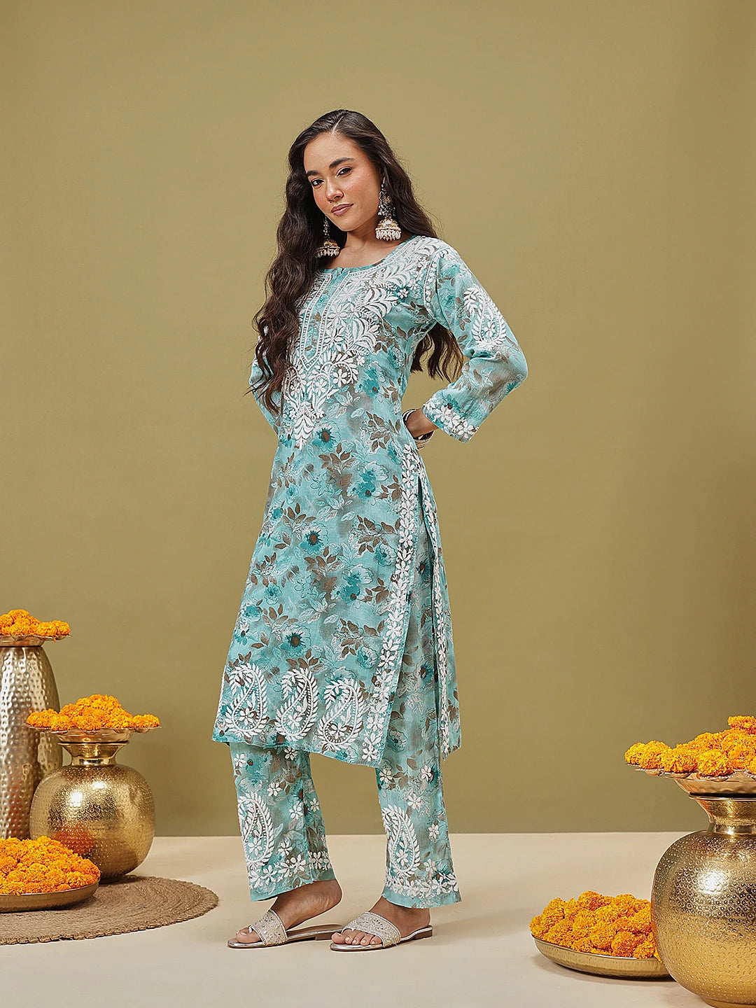Ada Hand Embroidered Floral Printed Blue Cotton Lucknowi Chikankari Co-Ord Set A811348