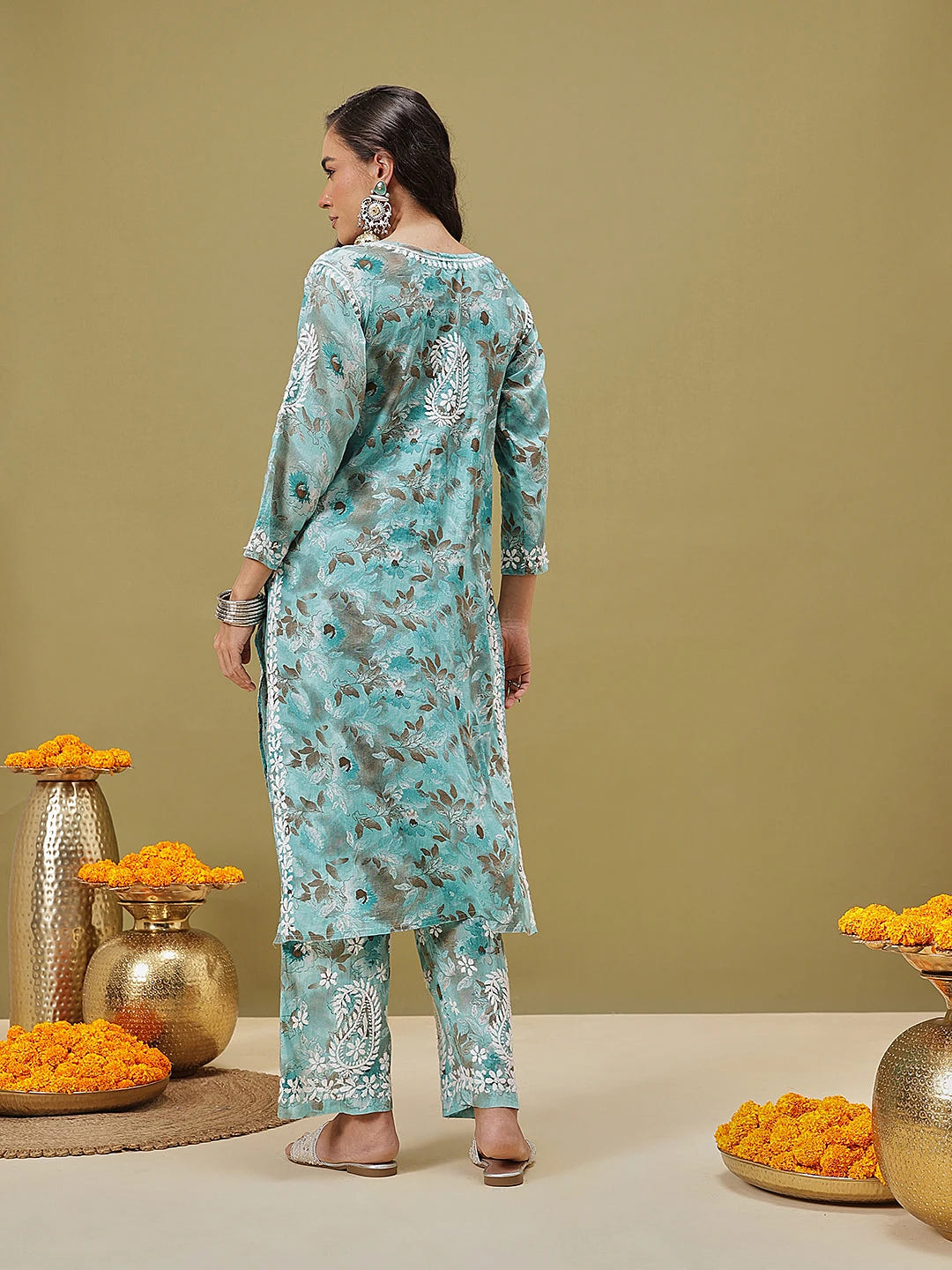 Ada Hand Embroidered Floral Printed Blue Cotton Lucknowi Chikankari Co-Ord Set A811348