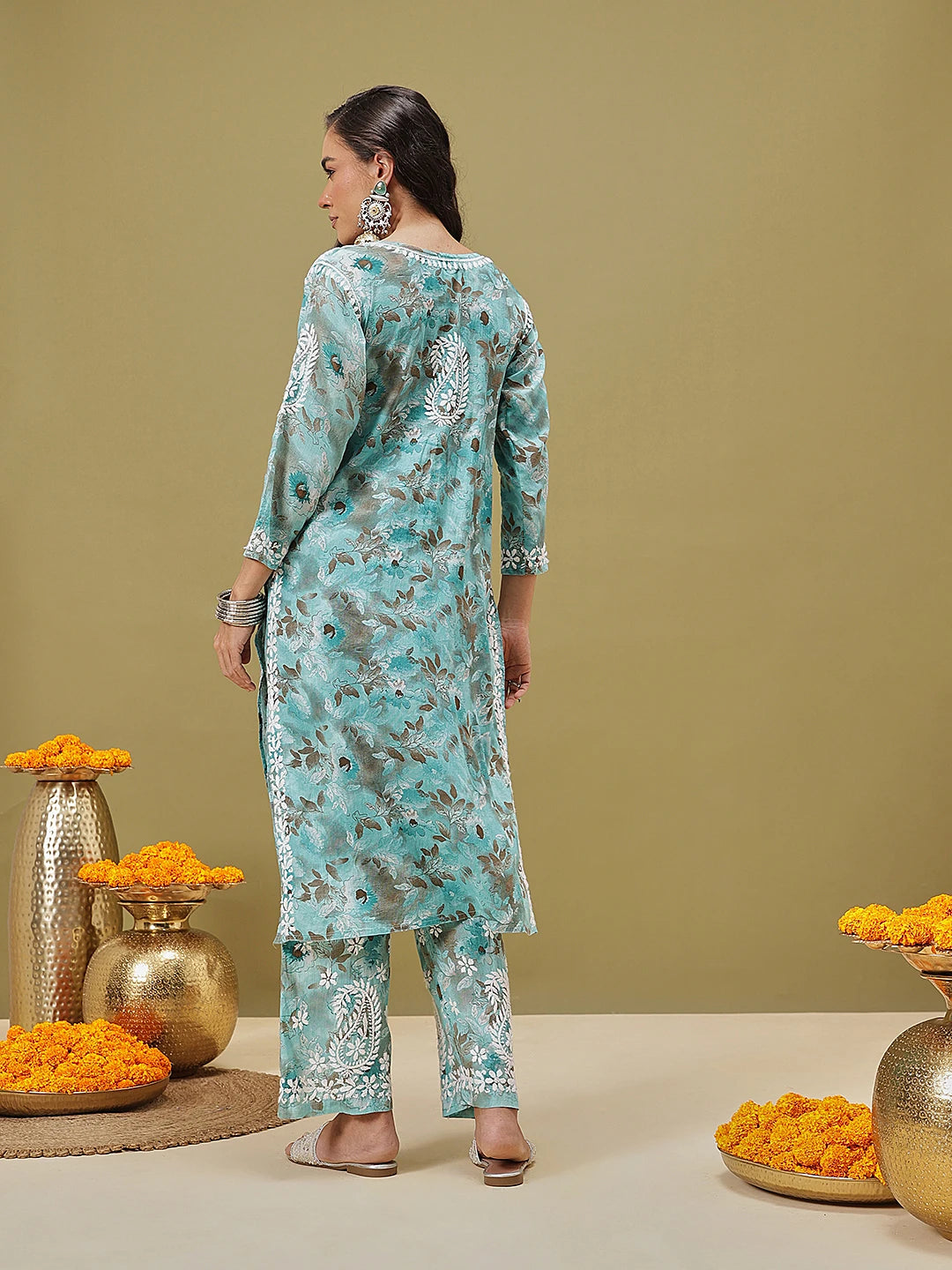 Ada Hand Embroidered Floral Printed Blue Cotton Lucknowi Chikankari Co-Ord Set A811348