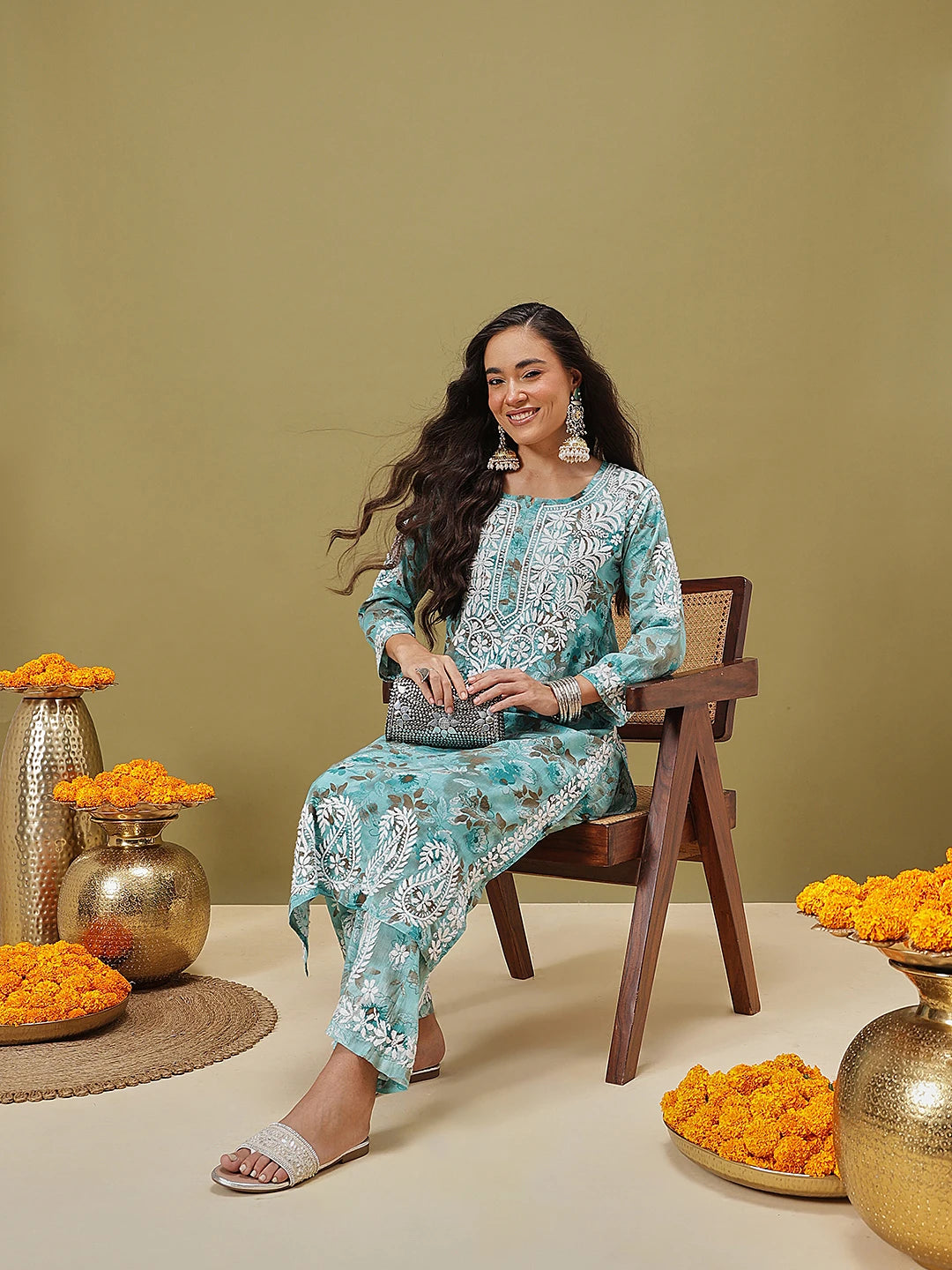 Ada Hand Embroidered Floral Printed Blue Cotton Lucknowi Chikankari Co-Ord Set A811348