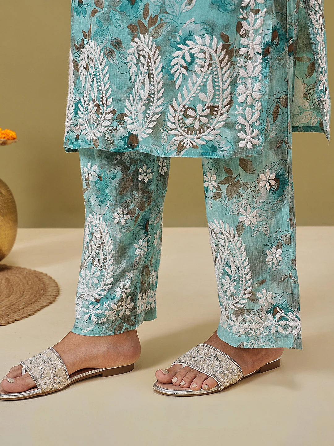 Ada Hand Embroidered Floral Printed Blue Cotton Lucknowi Chikankari Co-Ord Set A811348
