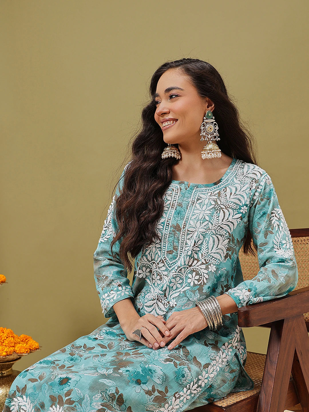 Ada Hand Embroidered Floral Printed Blue Cotton Lucknowi Chikankari Co-Ord Set A811348