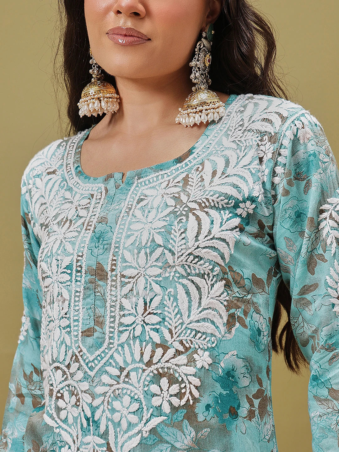 Ada Hand Embroidered Floral Printed Blue Cotton Lucknowi Chikankari Co-Ord Set A811348