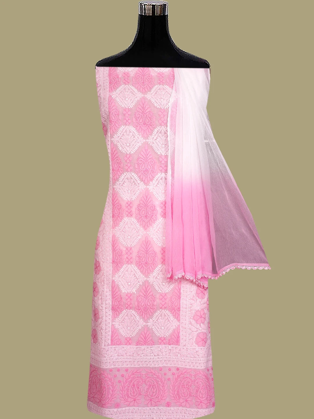 Ada Hand Embroidered Pink Cotton Lucknowi Chikankari Unstitched Suit Piece 01A847541
