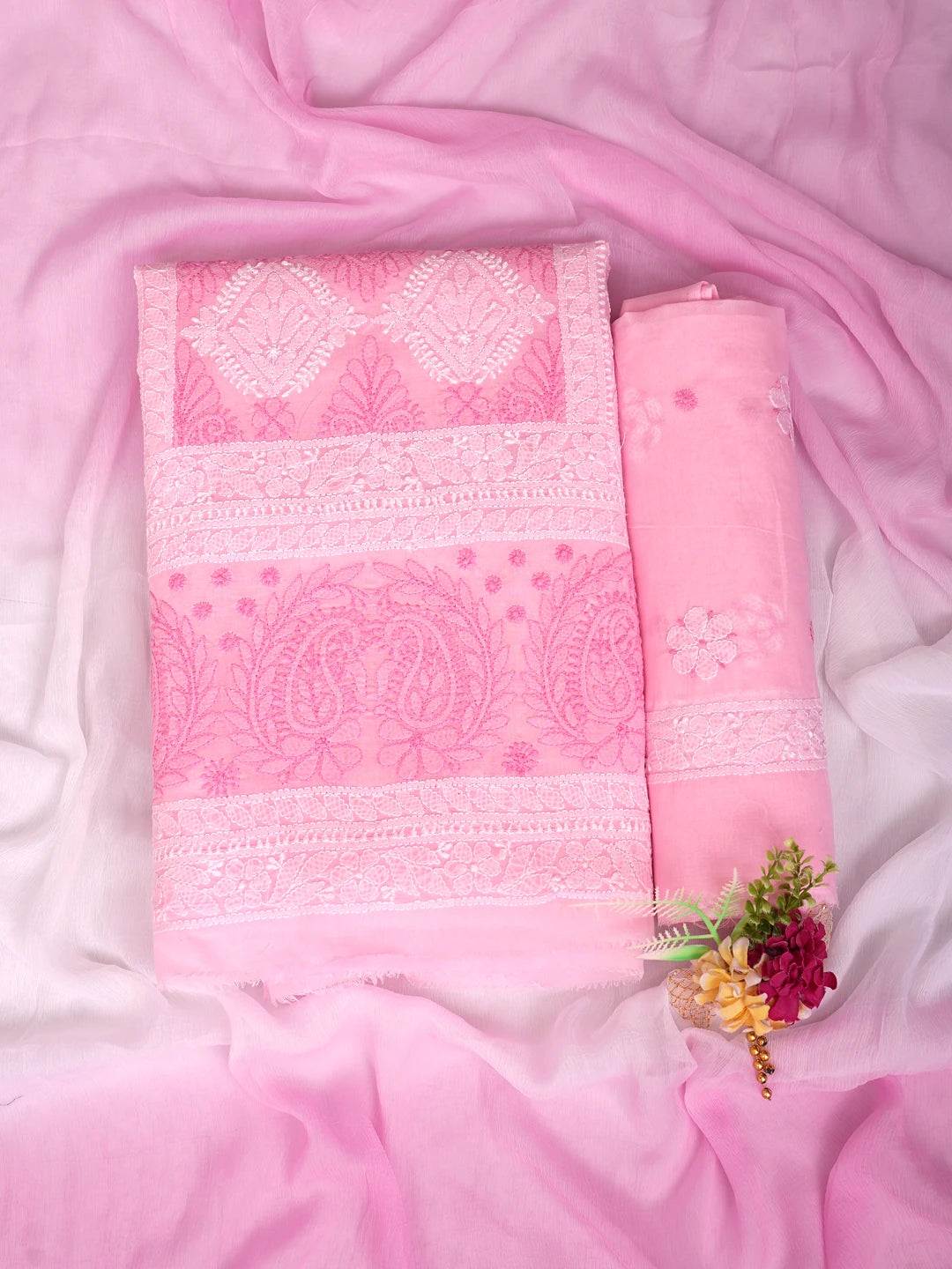 Ada Hand Embroidered Pink Cotton Lucknowi Chikankari Unstitched Suit Piece 01A847541
