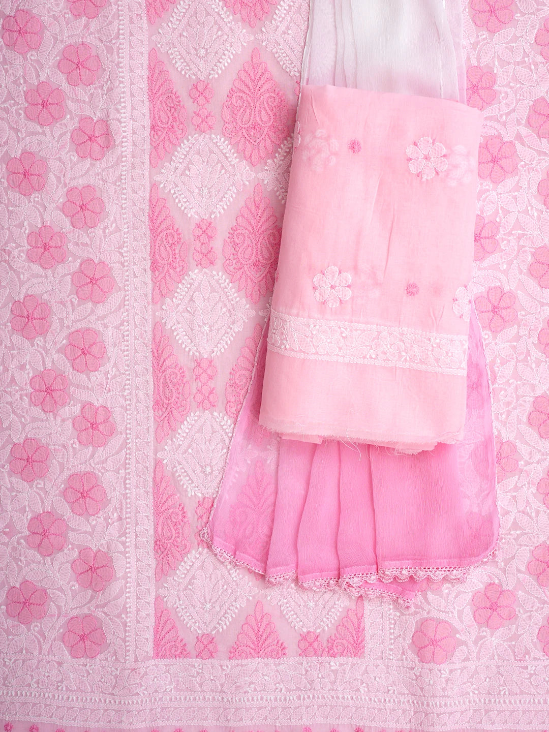 Ada Hand Embroidered Pink Cotton Lucknowi Chikankari Unstitched Suit Piece 01A847541