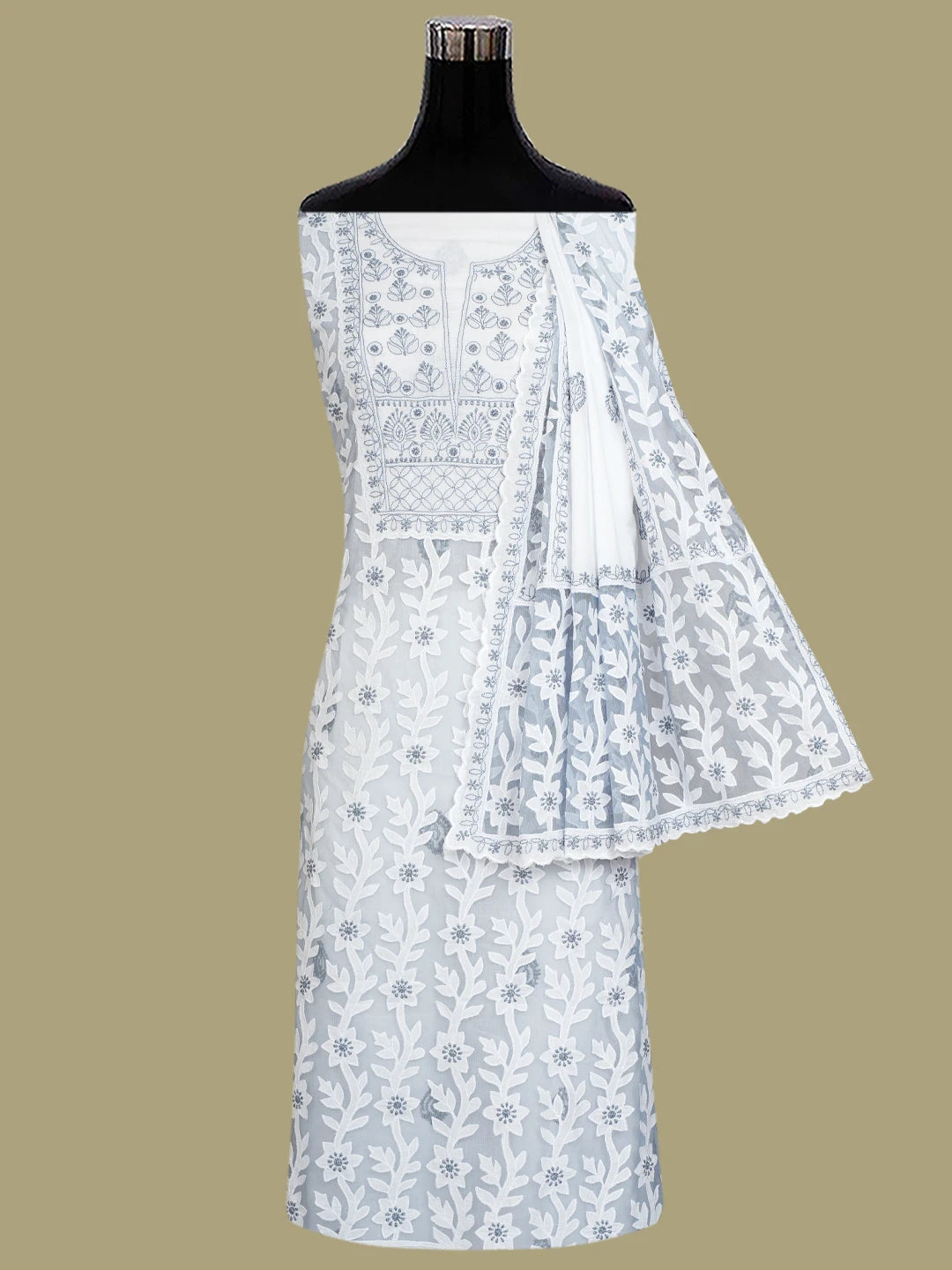 Ada Hand Embroidered White Cotton Lucknowi Chikankari Unstitched Kurta Dupatta Set 01A847340