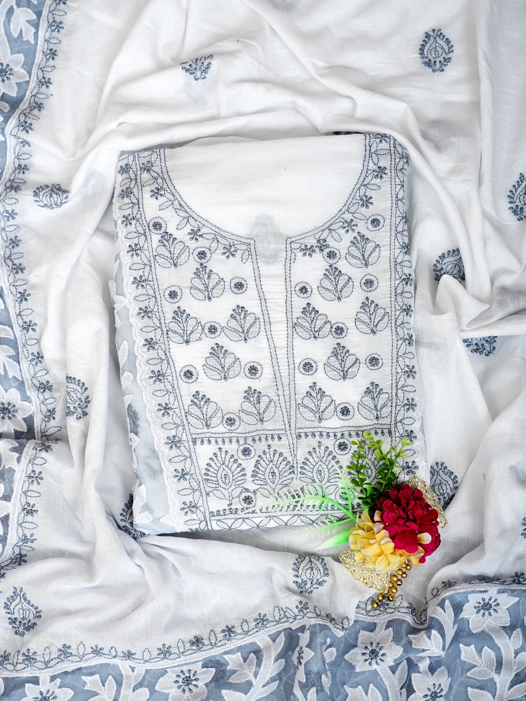 Ada Hand Embroidered White Cotton Lucknowi Chikankari Unstitched Kurta Dupatta Set 01A847340