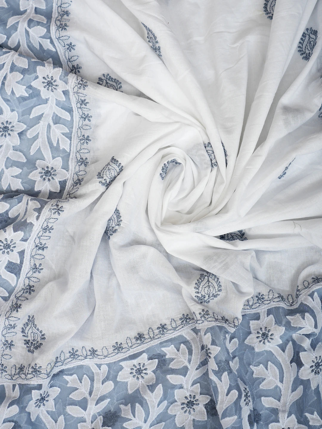 Ada Hand Embroidered White Cotton Lucknowi Chikankari Unstitched Kurta Dupatta Set 01A847340