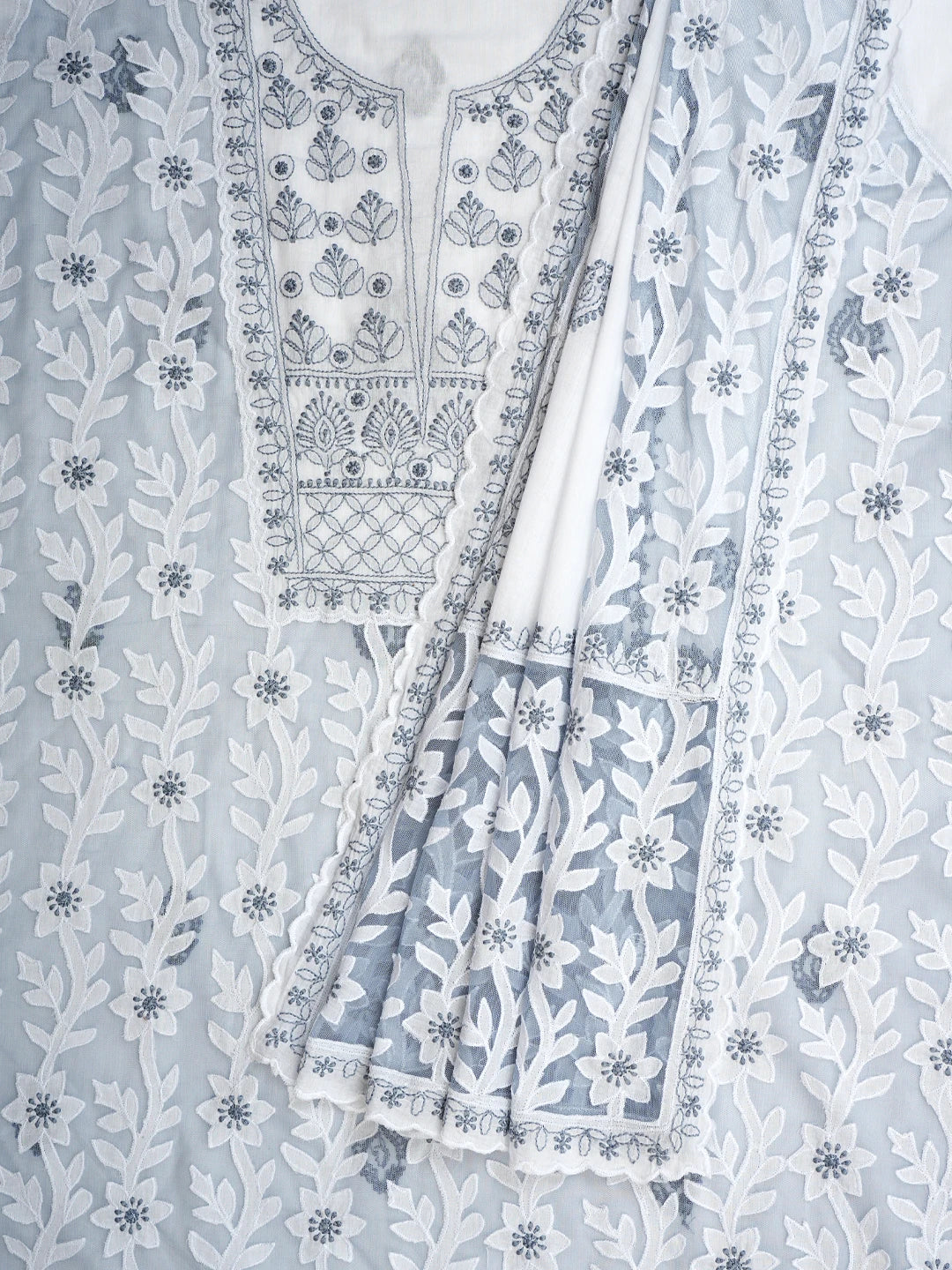 Ada Hand Embroidered White Cotton Lucknowi Chikankari Unstitched Kurta Dupatta Set 01A847340