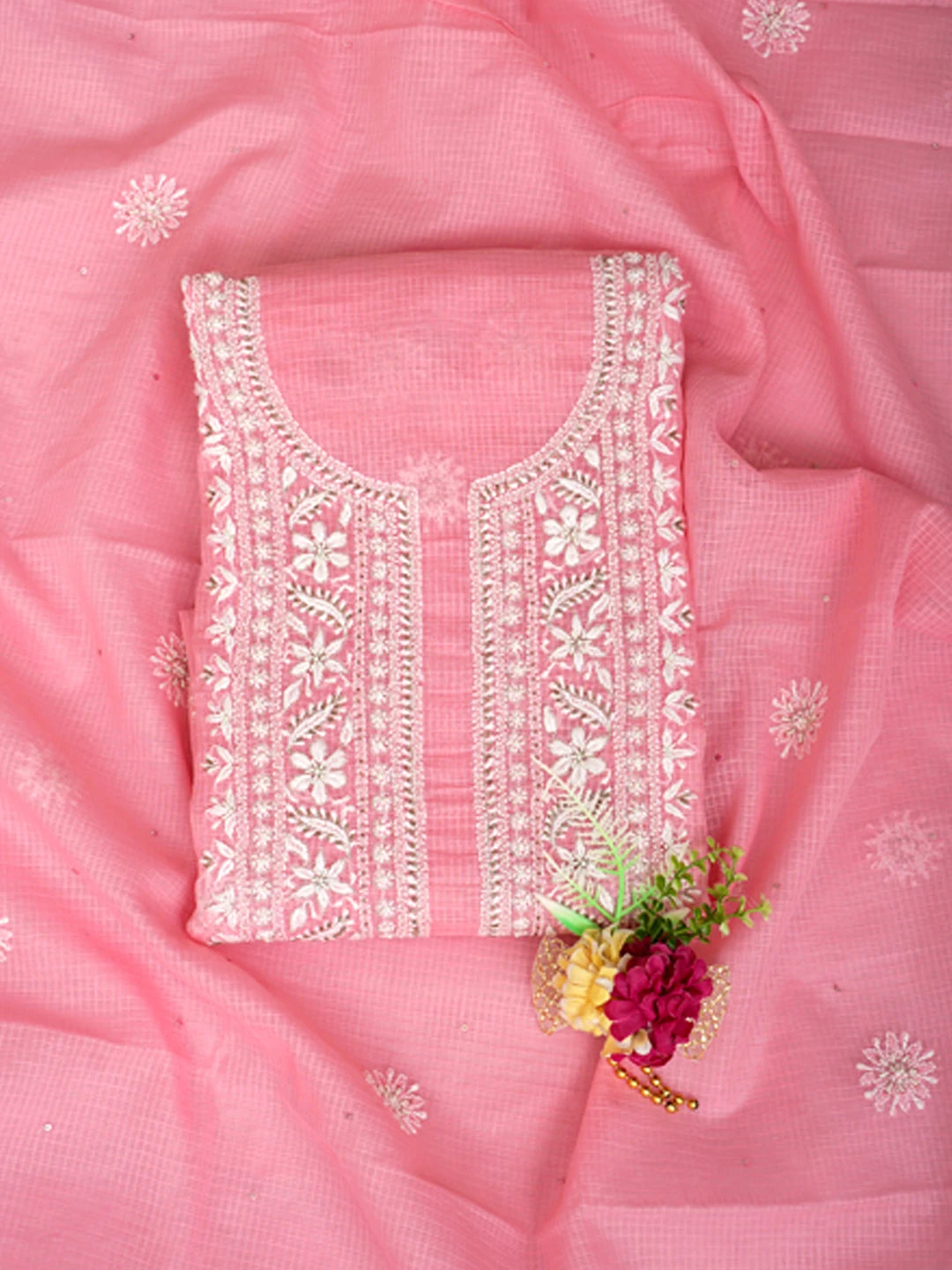 Ada Hand Embroidered Pink Kota Lucknowi Chikankari Unstitched Kurta Dupatta Set With Zari Work 01A549049