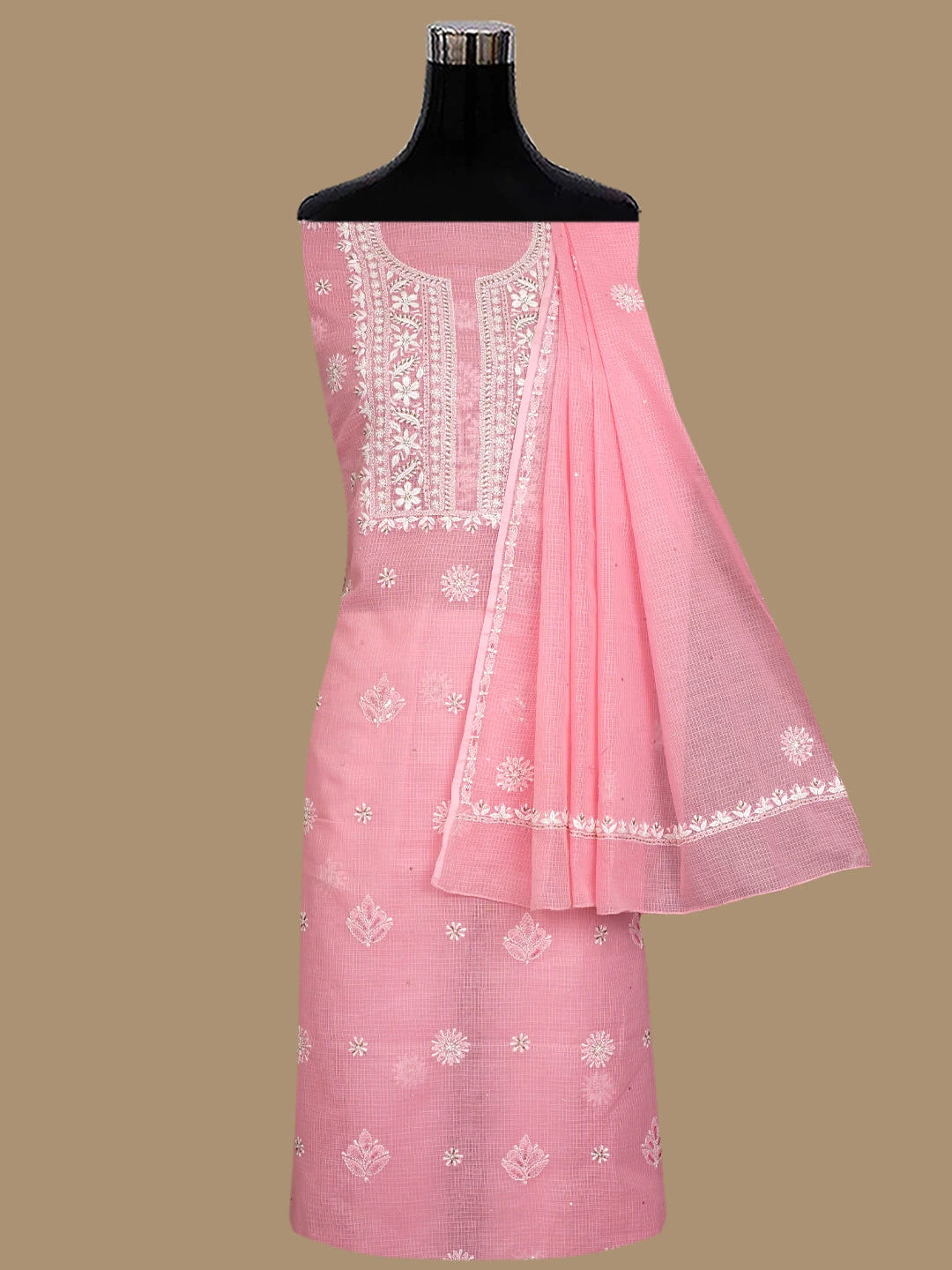 Ada Hand Embroidered Pink Kota Lucknowi Chikankari Unstitched Kurta Dupatta Set With Zari Work 01A549049